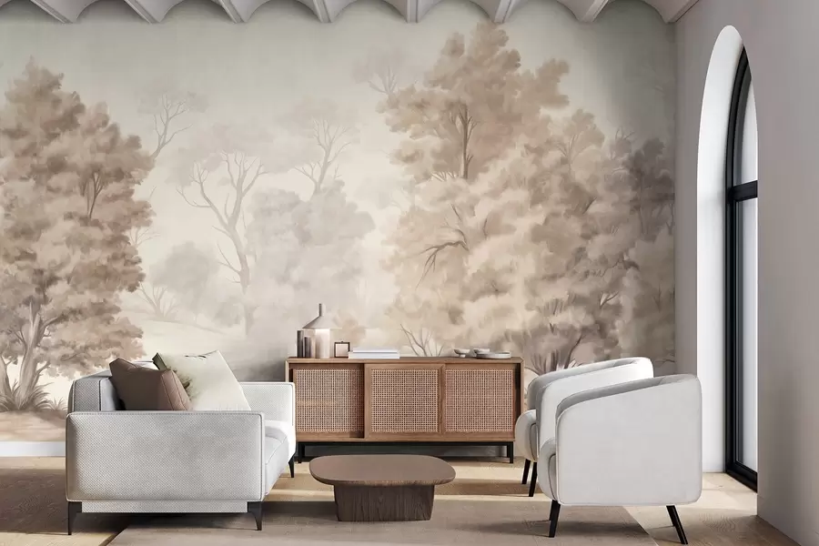 Fototapete Strukturierte Landschaftsmalerei, die einen Wald mit hohen Bäumen und Gras imitiert, gedämpfte und sanfte Farben, beruhigende Szene w09474