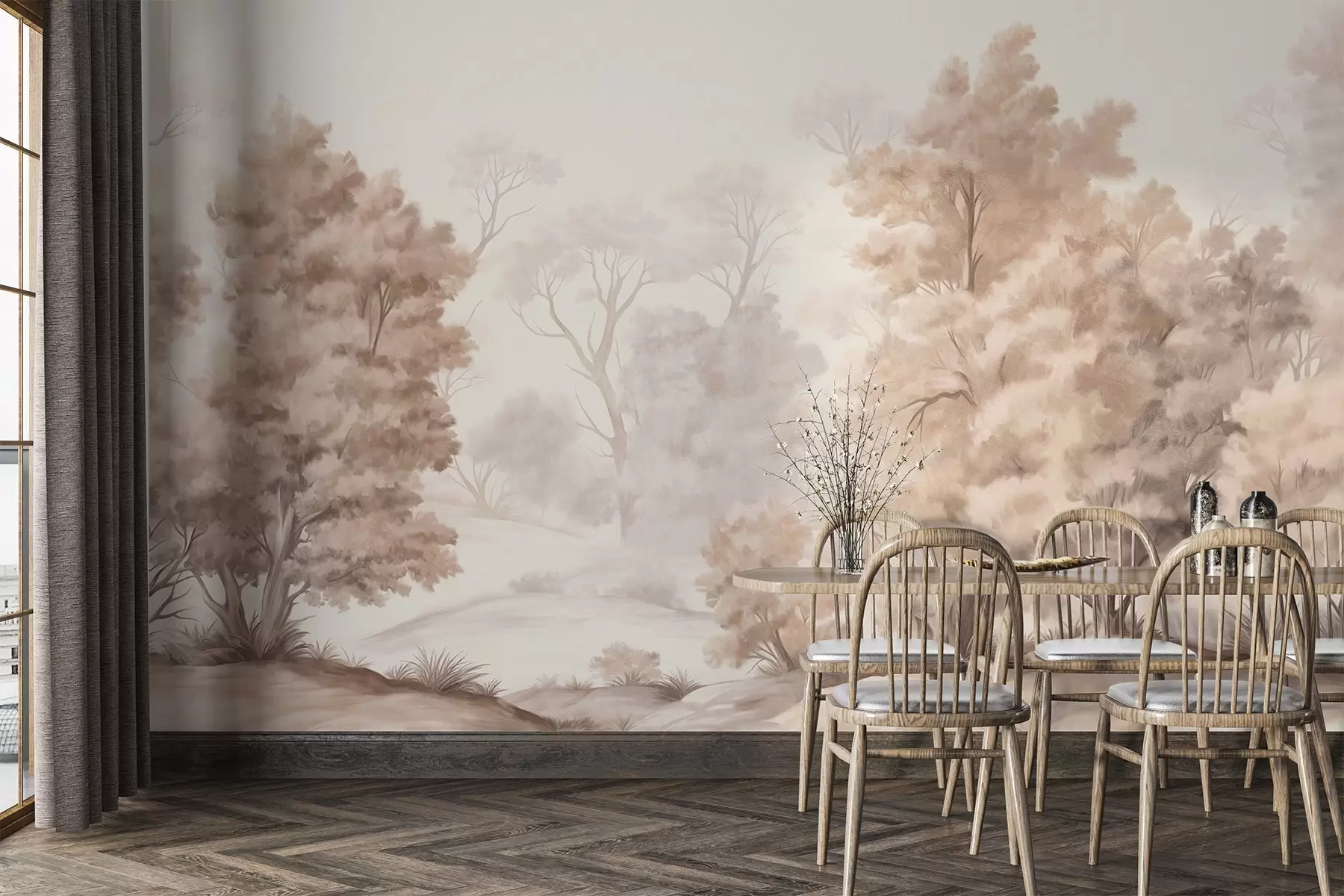 fototapeter Tekstureret landskabsmaleri, der imiterer en skov med høje træer og græs, dæmpede og bløde farver, beroligende scene w09474