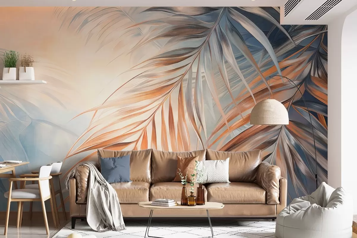 Fototapete Palmenblätter in Orange- und Blautönen, heller strukturierter Hintergrund mit sanften Farben, eleganter tropischer Stil w09475
