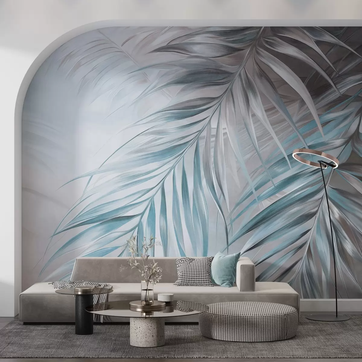 Fototapete Palmblätter in Grau- und Blautönen, heller strukturierter Hintergrund mit sanften Farben, eleganter tropischer Stil w09475v1