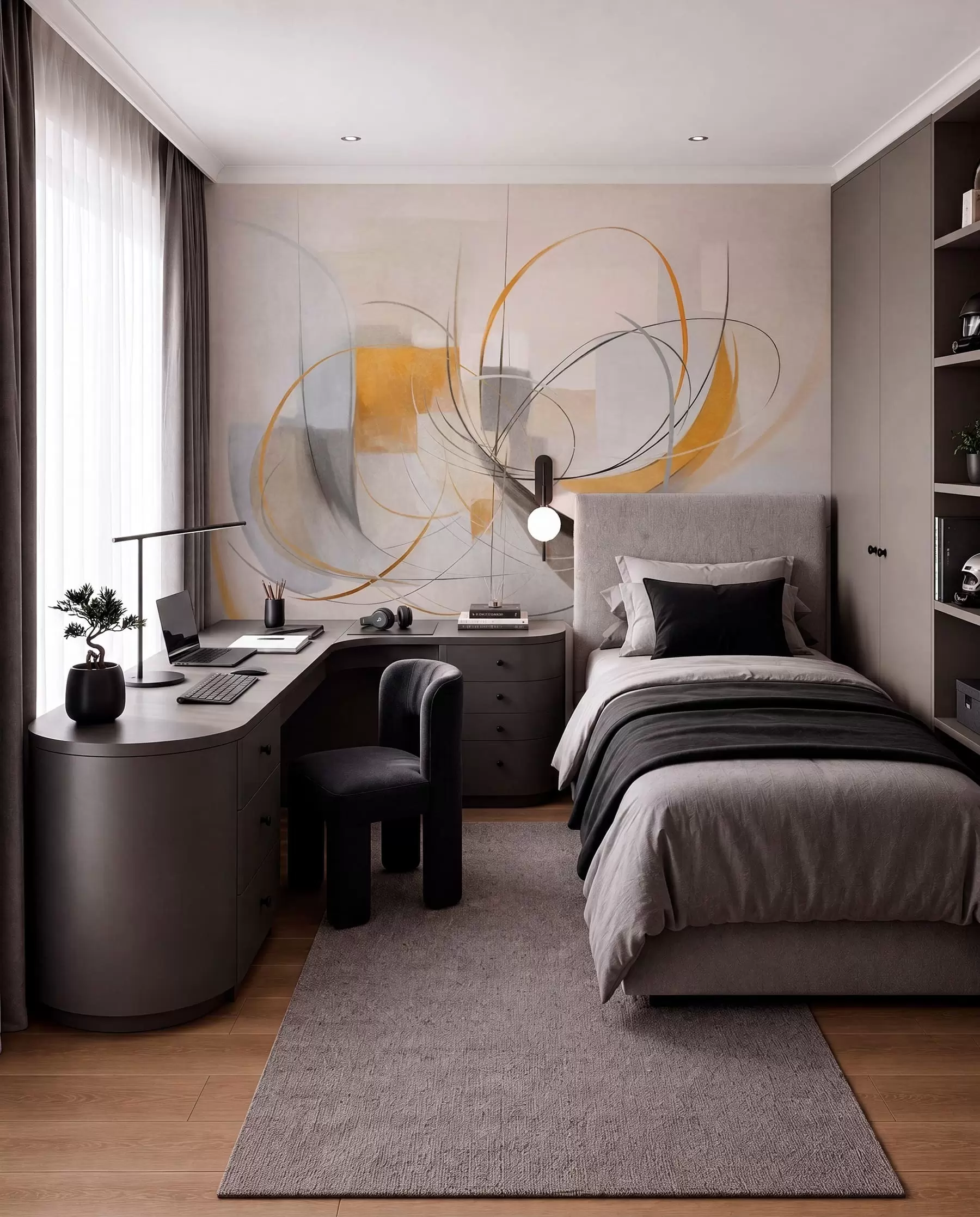 Murale Lignes amples en ocre w09476