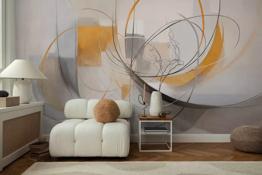 Murale Peinture moderne abstraite texturée avec des lignes courbes et des formes géométriques dans des tons de gris, blanc et orange w09476