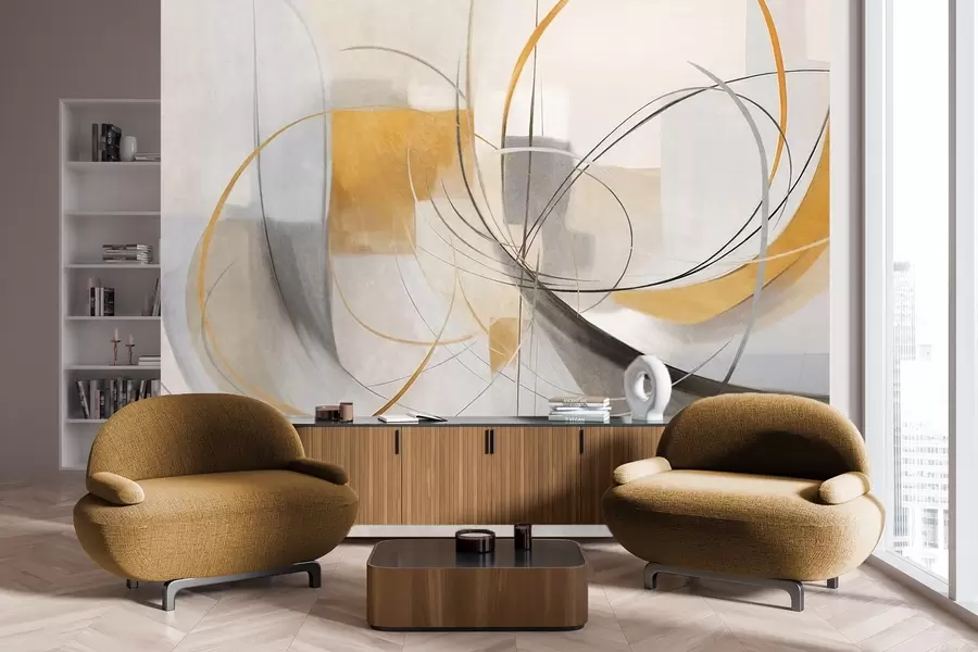 fototapeter Abstrakt tekstureret moderne malestil med buede linjer og geometriske former i nuancer af gråt, hvidt og orange w09476