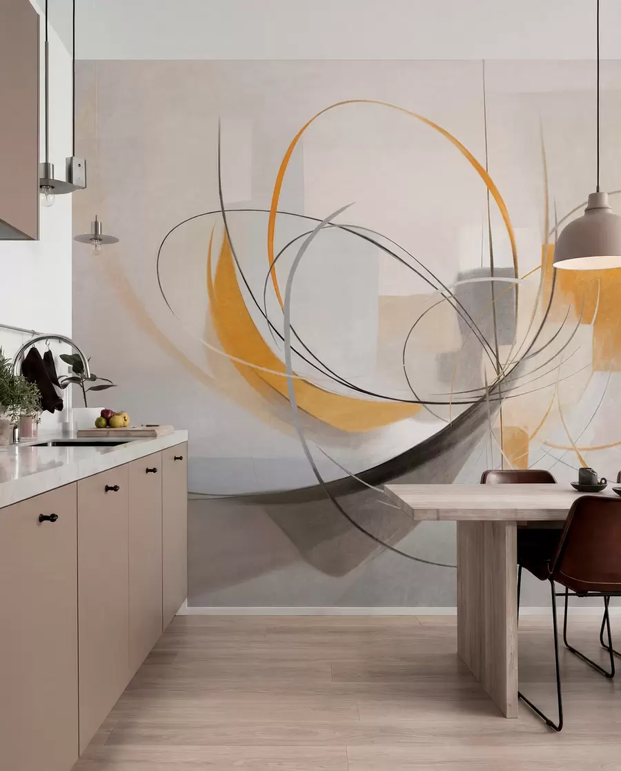 fototapeter Abstrakt tekstureret moderne malestil med buede linjer og geometriske former i nuancer af gråt, hvidt og orange w09476