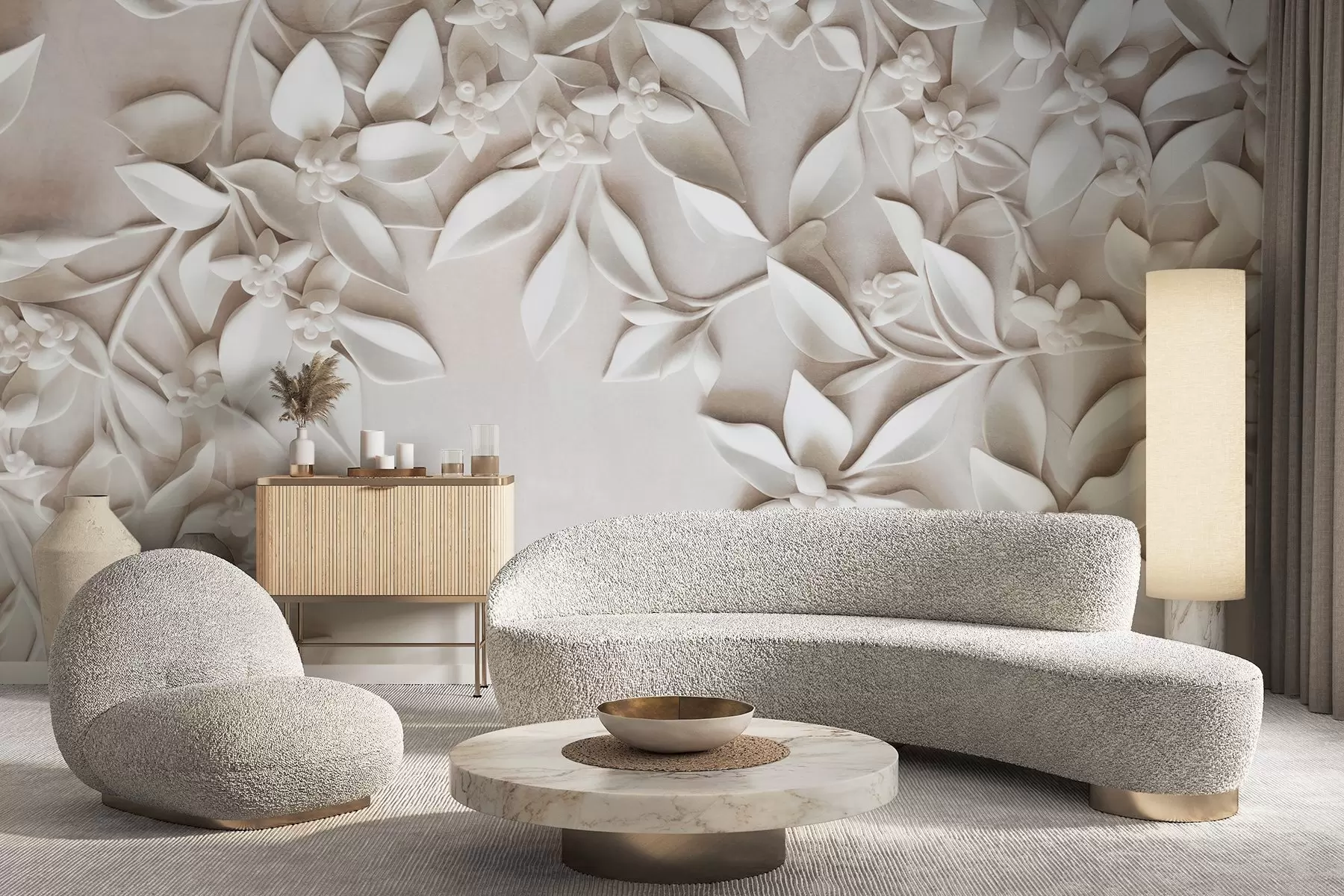 Fototapete Weiße strukturierte Blumen und Blätter, Blumenarrangement, elegantes Design, minimalistischer Stil, dekorative Kunst w09479