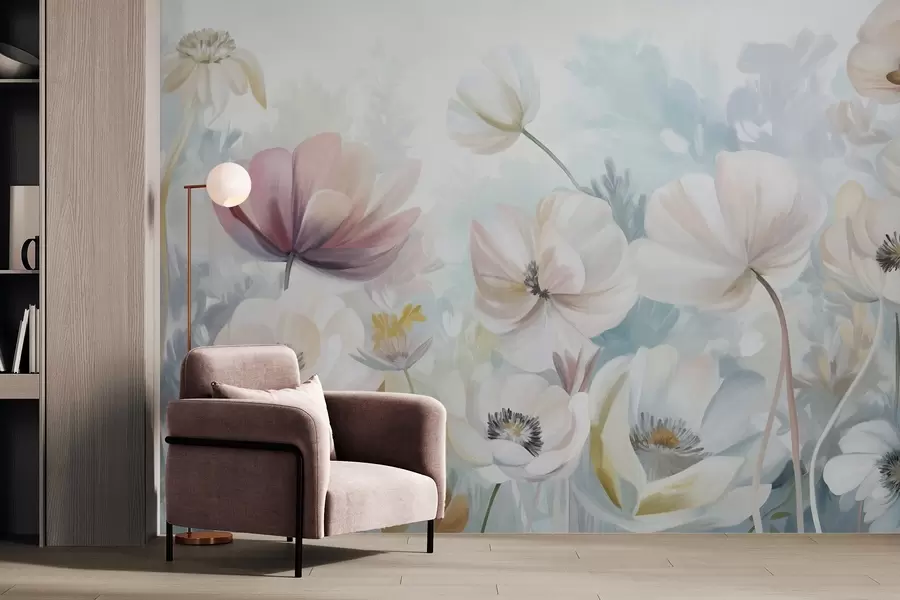 fototapeter Et felt med pastelfarvede blomster med delikate kronblade og bløde grønne blade i en drømmende, struktureret akvarelstil w09481