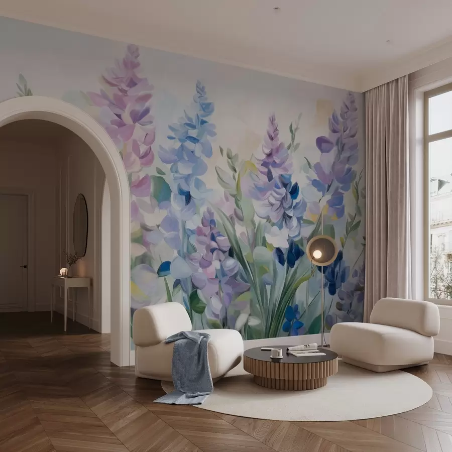 fototapeter Lilla og blå blomster med struktur og blå blade, lys baggrund, bløde penselstrøg, levende farver w09482