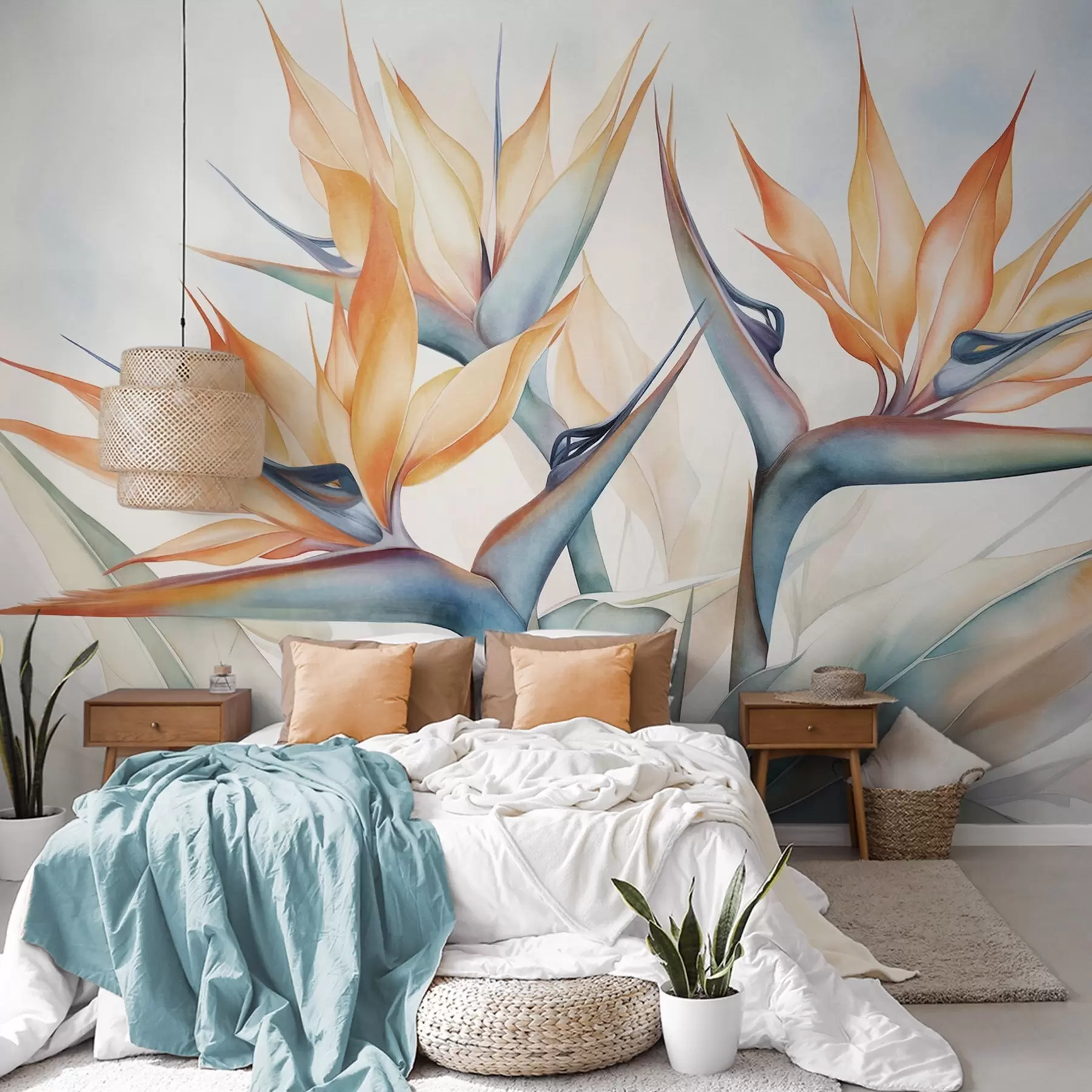 fototapeter Paradisfuglblomst, strelitzia med orange kronblade, blød akvareltekstur, lys baggrund w09483