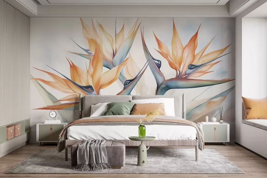 Murale Fleur d'oiseau de paradis, strelitzia à pétales orange, style aquarelle doux et texturé, fond clair w09483