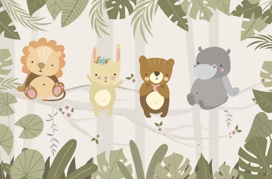 fototapeter Sød løve, kanin, bjørn og flodhest blandt blade w04682