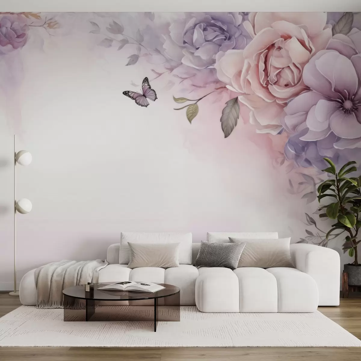 Murale Fleurs délicates roses et lilas avec un papillon w04711