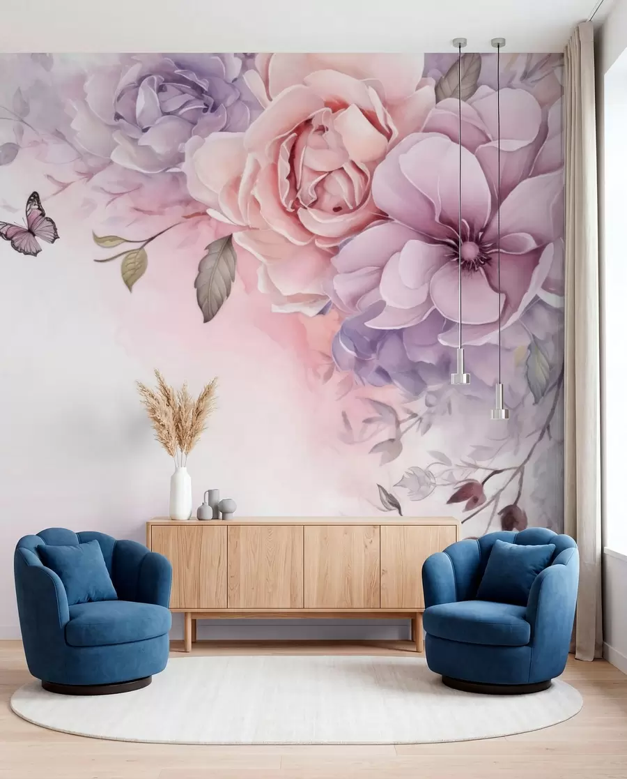 Murale Papillons et fleurs roses w04711