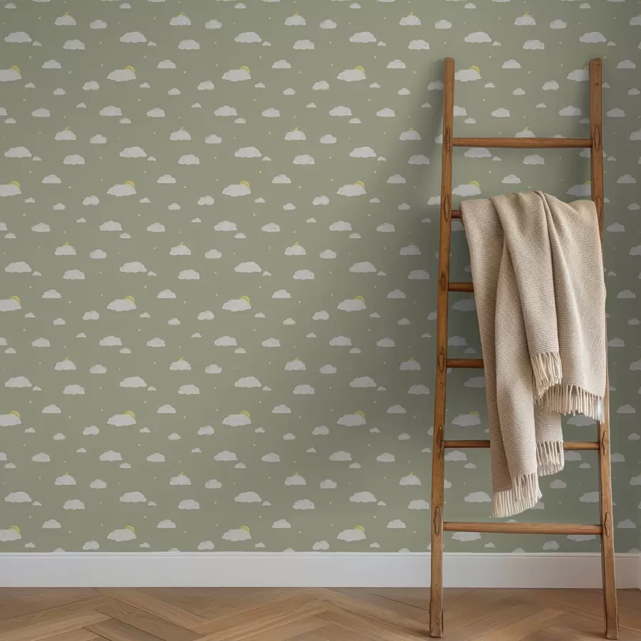 fototapeter Bløde skyer, stjerner og sol på en grønlig grå baggrund a00652v1