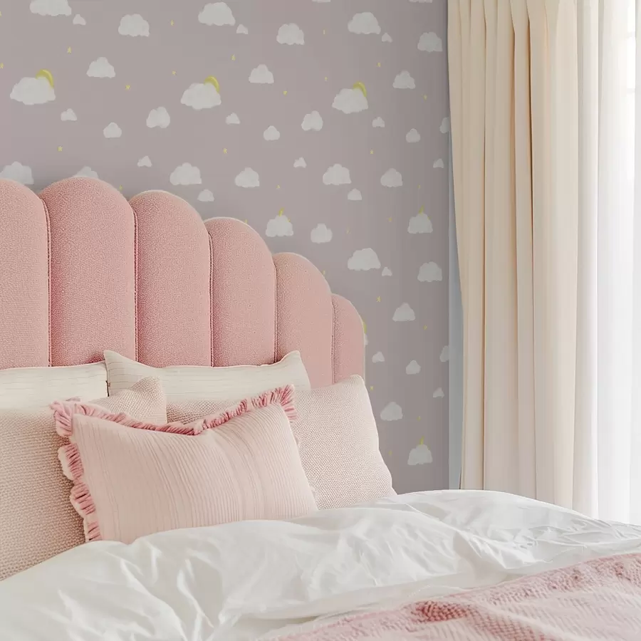 fototapeter Bløde skyer, stjerner og sol på en lyserødgrå baggrund a00652v2