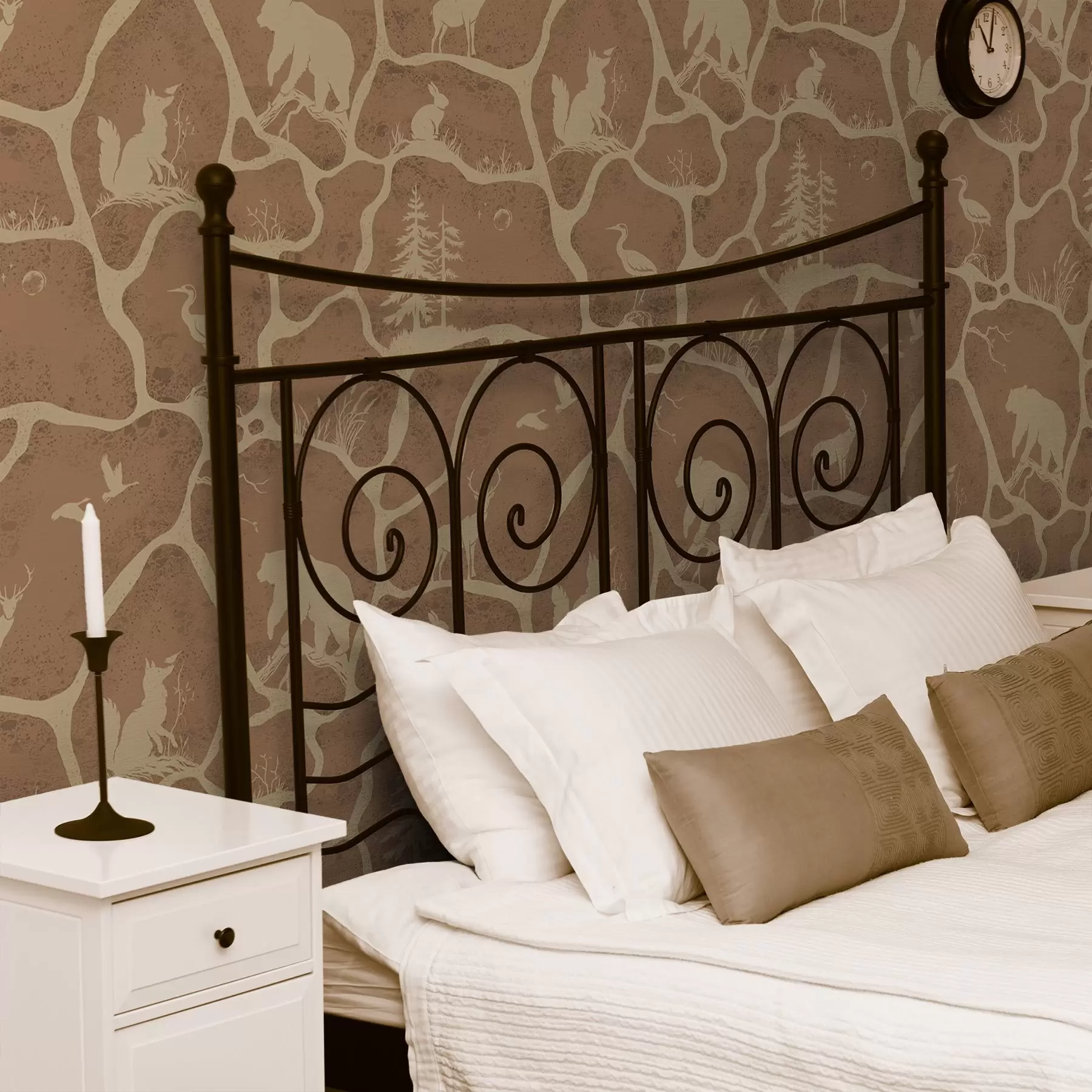 fototapeter Silhuetter af dyr og træer i et naturligt landskab med stenstruktur a00727