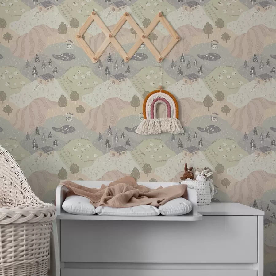 Fototapete Märchenhafte Landschaft mit Bäumen, Gänsen und Schafen a00728