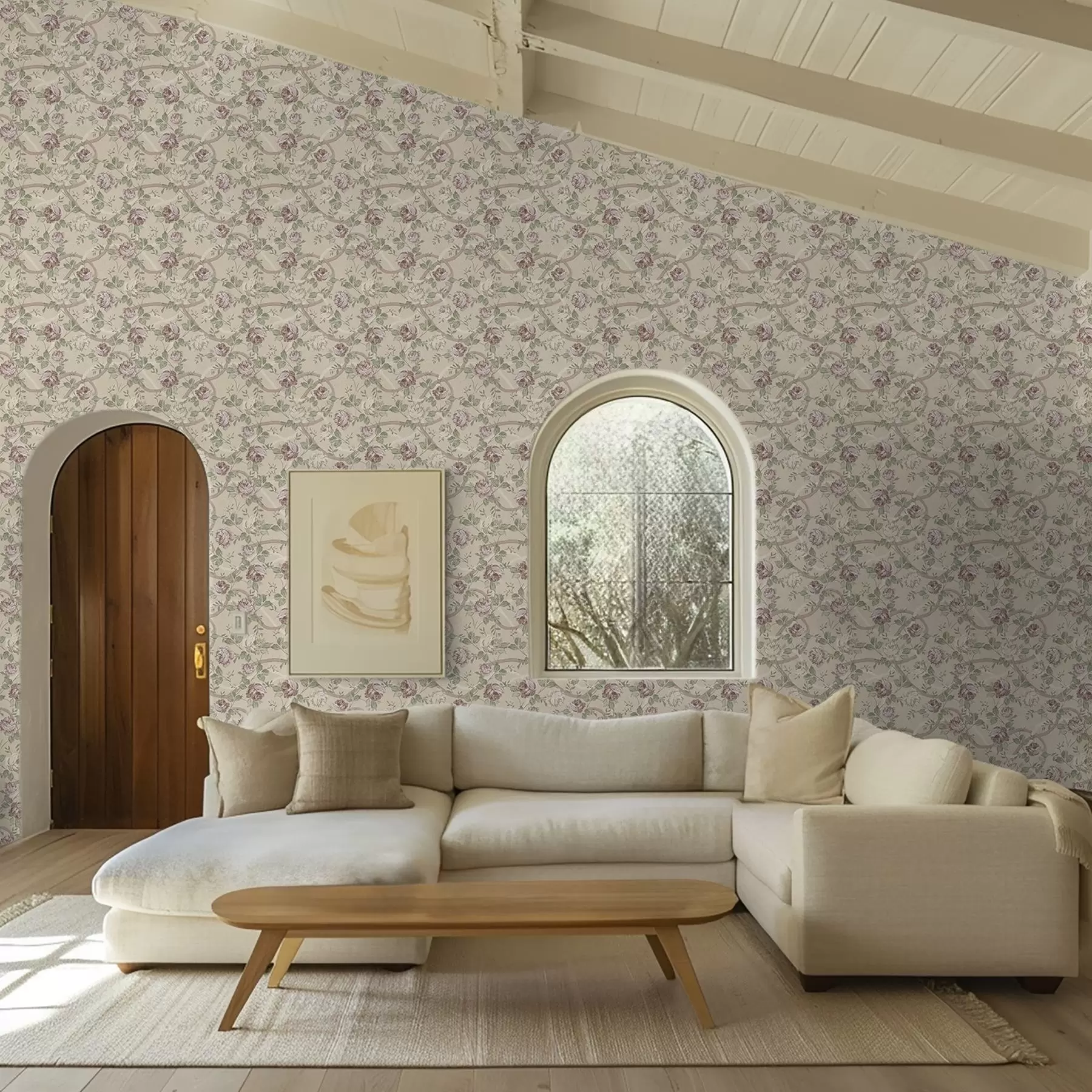 fototapeter Roser med grønne blade på en varm beige baggrund a00729