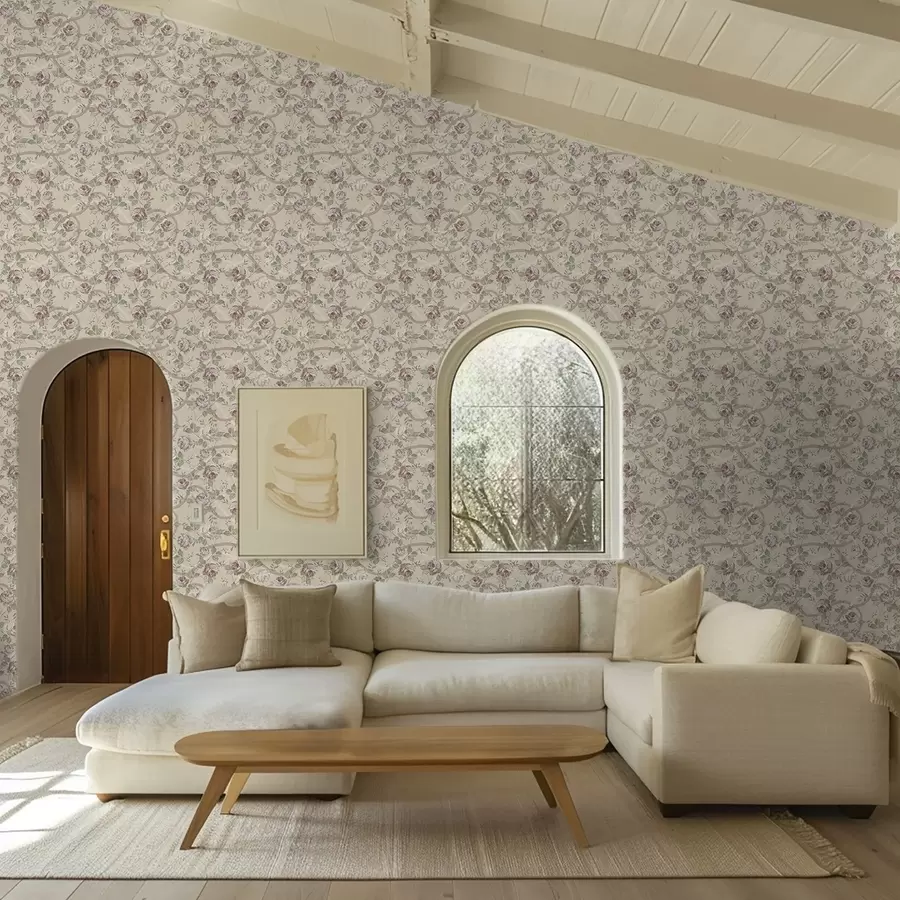 fototapeter Roser med grønne blade på en varm beige baggrund a00729