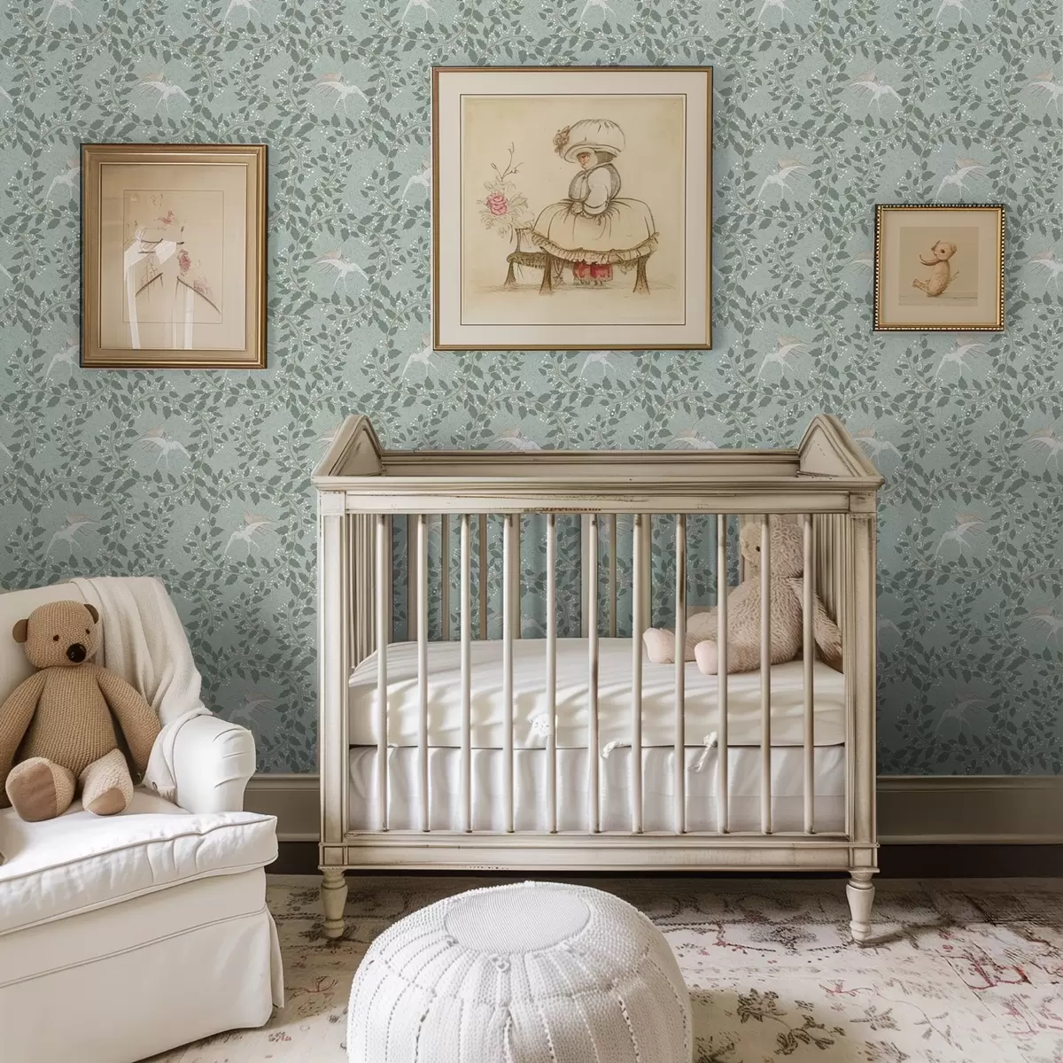 Tapete Zweige mit weißen Beeren und Vögeln auf grünem Hintergrund a00731