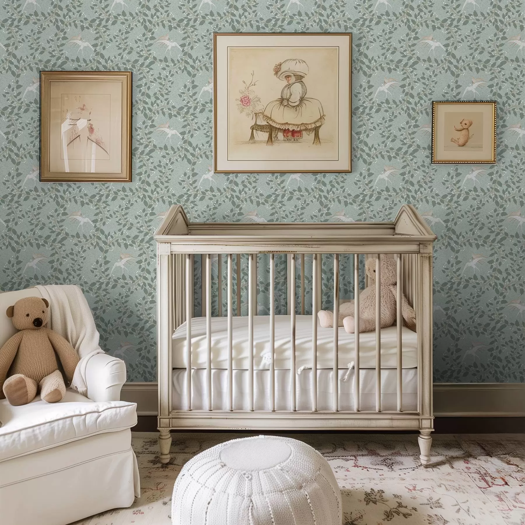 fototapeter Grene med hvide bær og fugle på grøn baggrund a00731