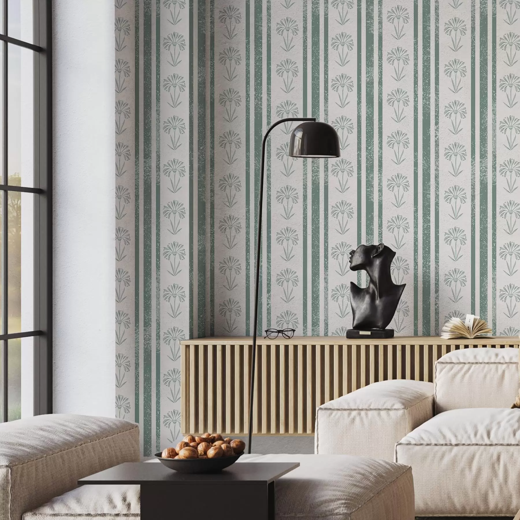 fototapeter Båndmønster med blomster i grønne nuancer a00732