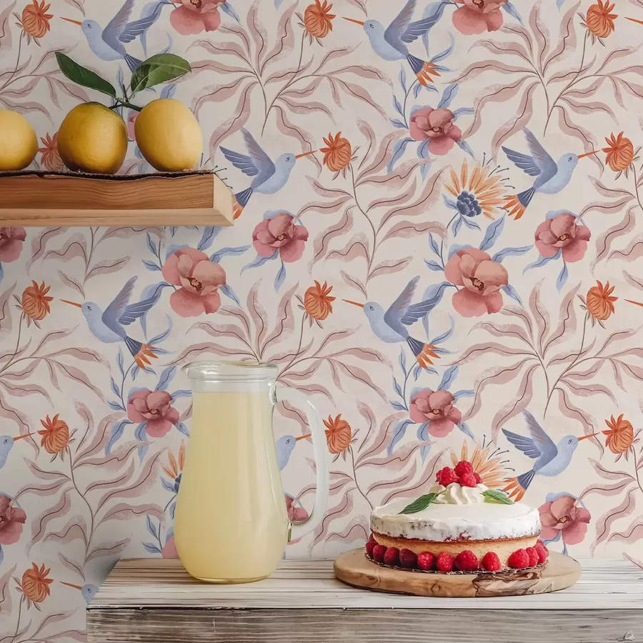 fototapeter Kolibrier blandt store blomster i rosa og blå nuancer a00733