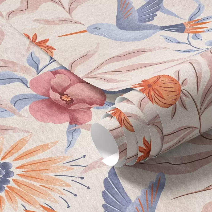 fototapeter Kolibrier blandt store blomster i rosa og blå nuancer a00733