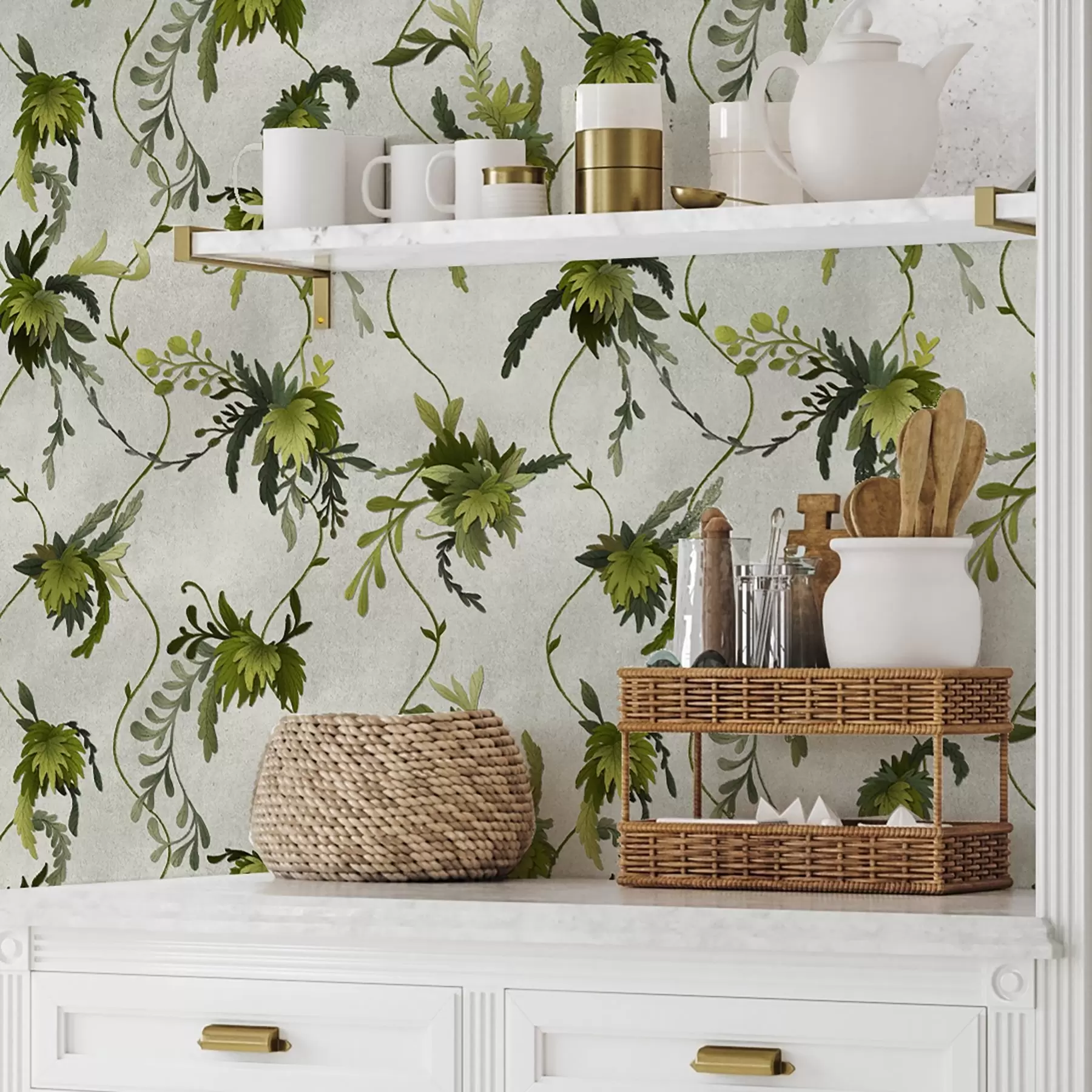 Murale Branches grimpantes avec des feuilles sur un fond clair a00806