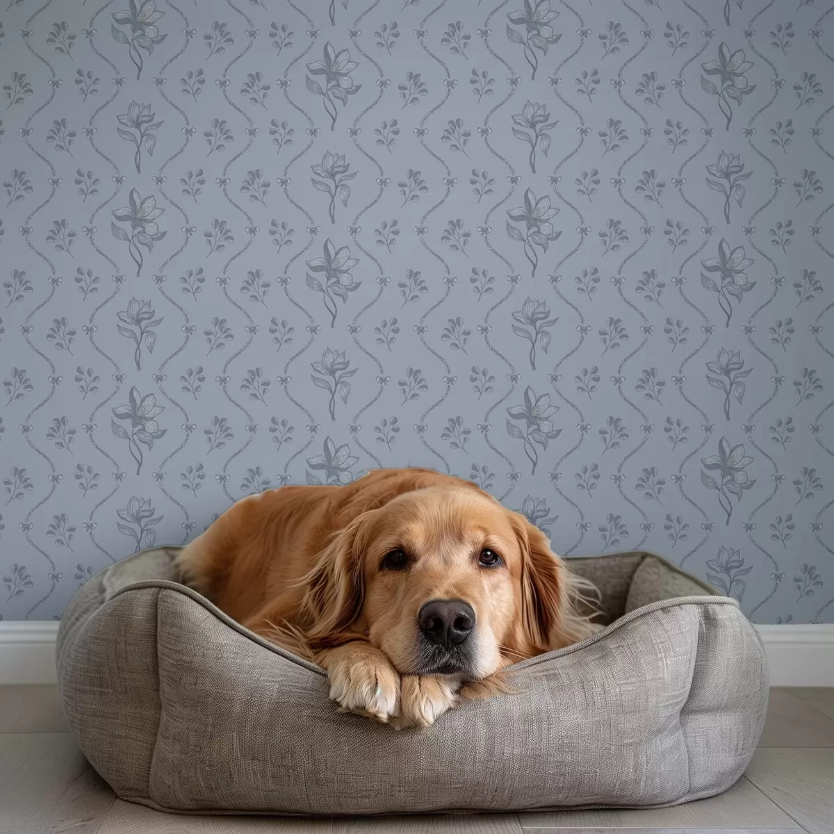 Papier peint Petites fleurs et rubans dans une palette gris-bleu a00808v2