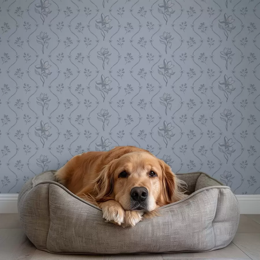 fototapeter Små blomster og bånd i gråblå farver a00808v2