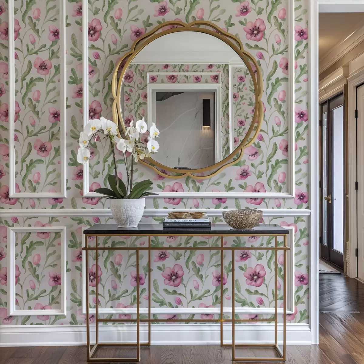 Baggrund Delikate lyserøde valmuer med blade i akvarelteknik a00830