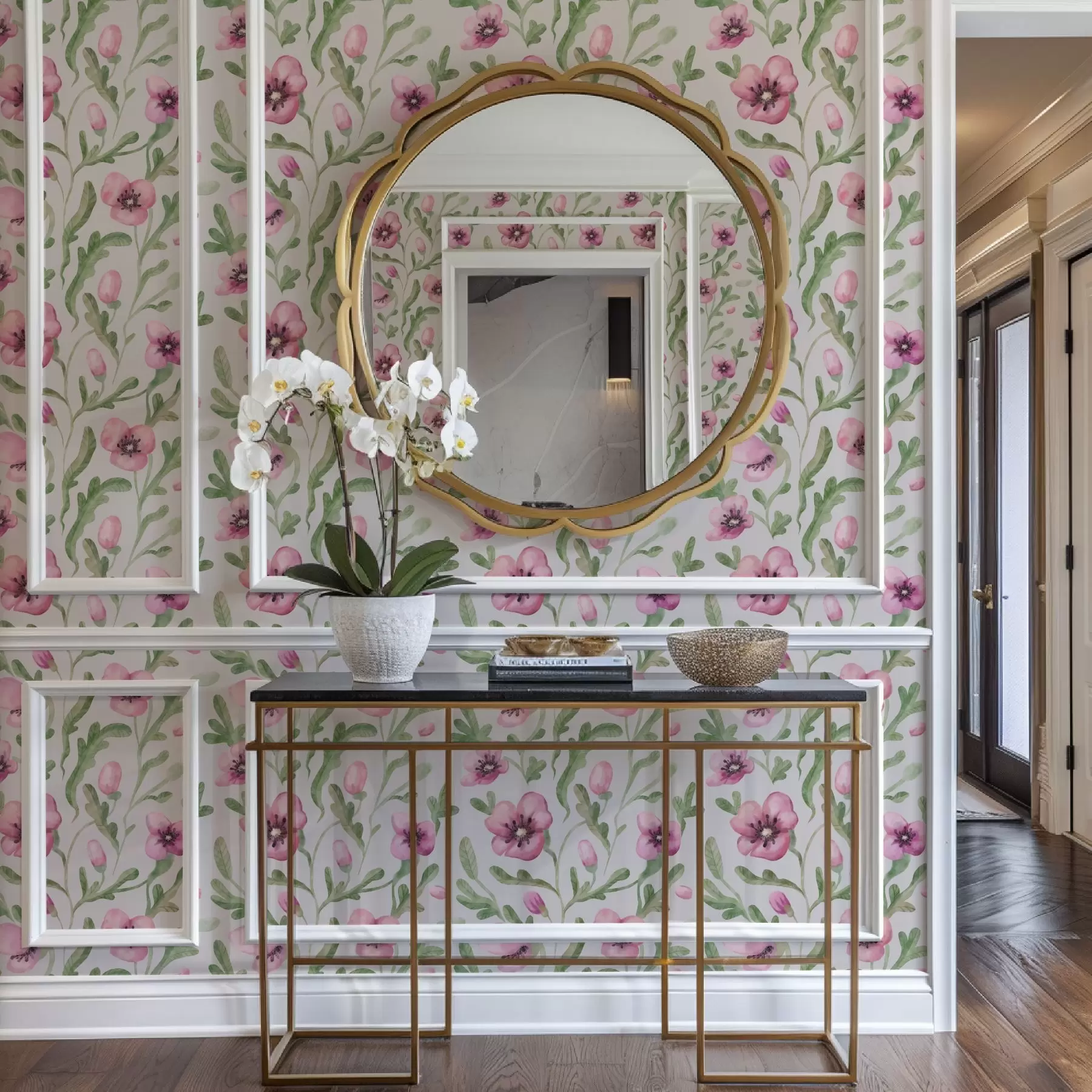 fototapeter Delikate lyserøde valmuer med blade i akvarelteknik a00830