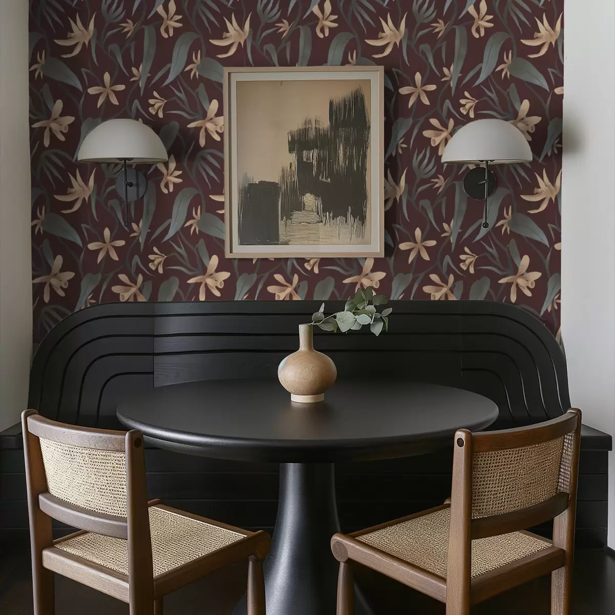 Tapete Cremefarbene Blumen mit grauen Blättern auf burgunderrotem Hintergrund a00833