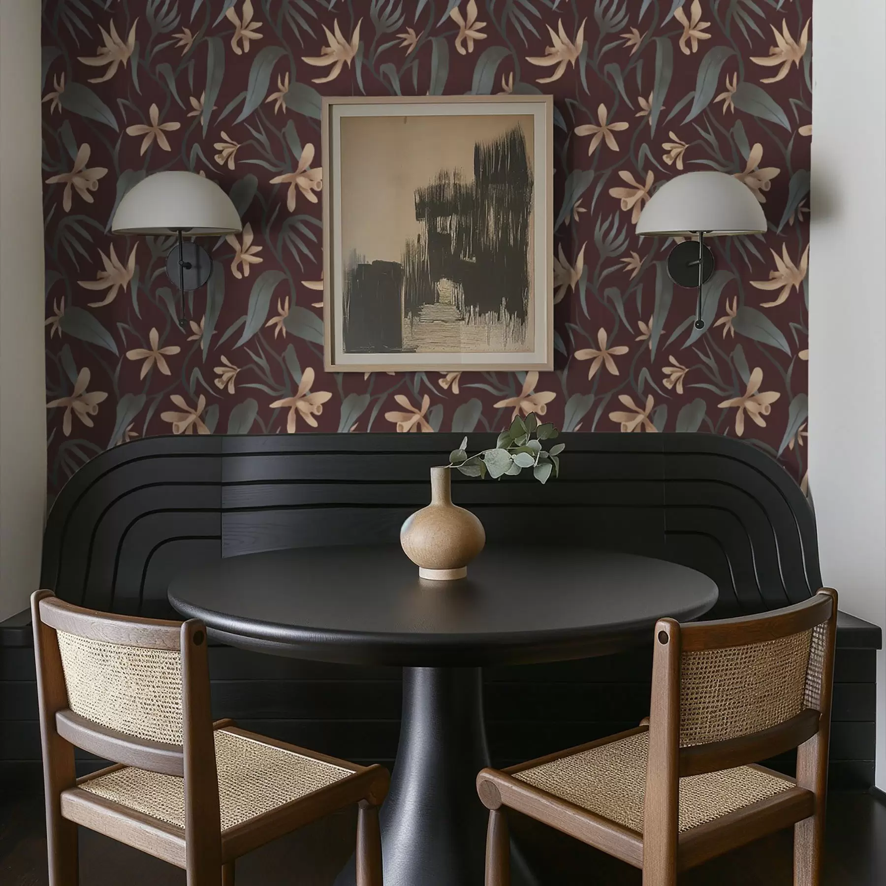 fototapeter Cremefarvede blomster med grå blade på en burgunderfarvet baggrund a00833