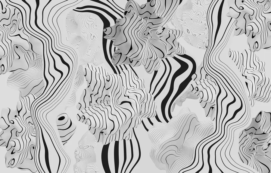 fototapeter abstrakte organiske former i 3D-stil i hvide og grå toner med sorte striber w04627