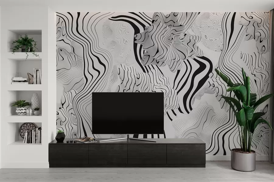 Murale formes organiques abstraites en 3D dans des tons blancs et gris avec des rayures noires w04627