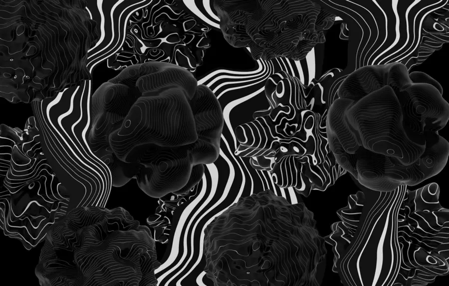 Murale formes organiques abstraites en 3D dans des tons noirs avec des rayures blanches w04628