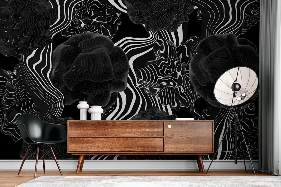 Fototapete Abstrakte organische Formen im 3D-Stil in Schwarztönen mit weißen Streifen w04628
