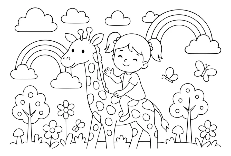 fototapeter sort-hvid tegning af en pige på en giraf i stil med en børnefarvebog w04753