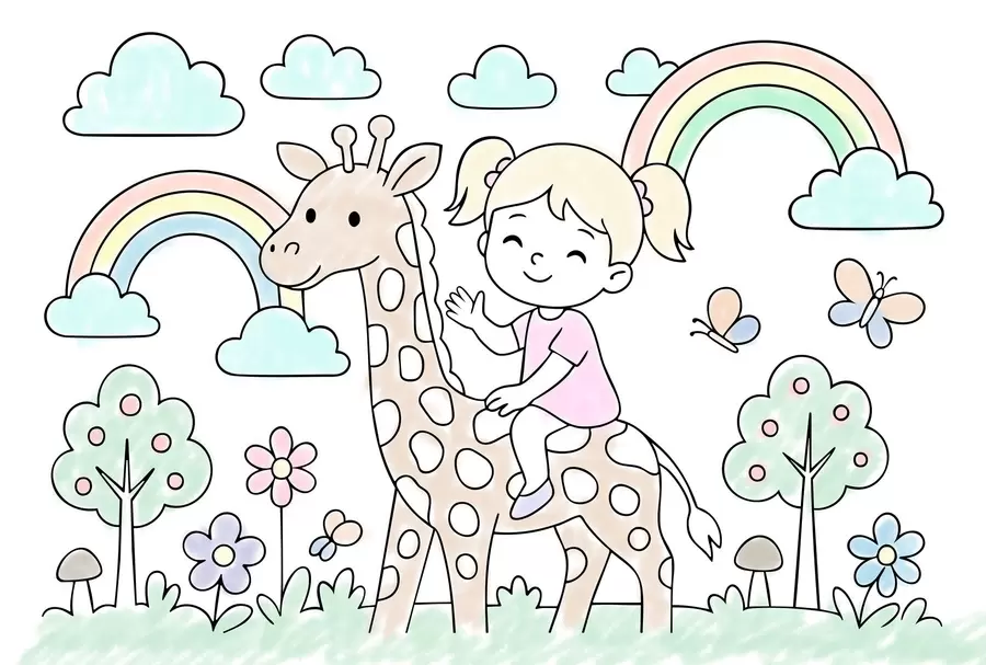 fototapeter pige på en giraf i stil med en børnefarvelægningsbog w04755