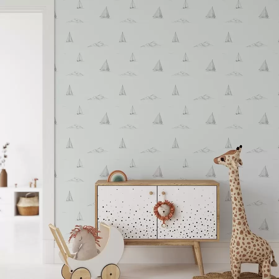 fototapeter Skitsér lystbåde og øer, kølig blågrå baggrund a00654