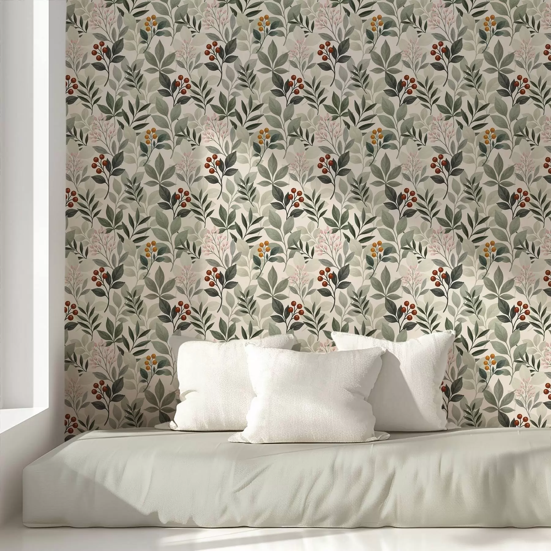 Fototapete Blätter mit Beeren, heller Hintergrund a00713