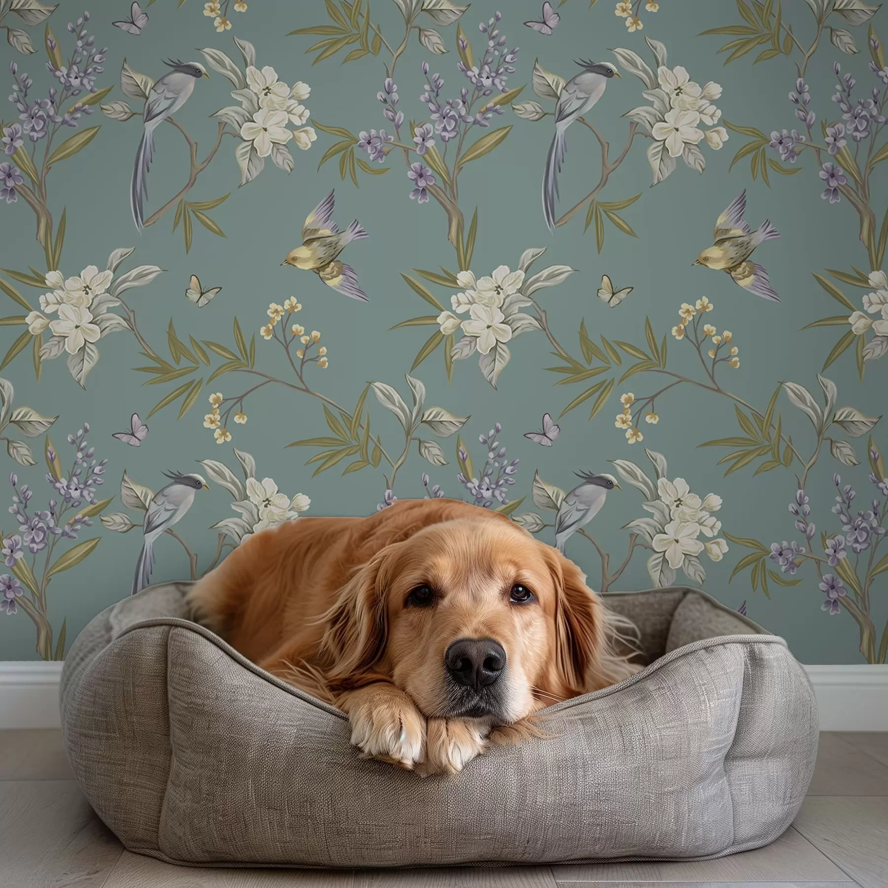 Murale Oiseaux, fleurs et papillons sur fond bleu-gris a00735