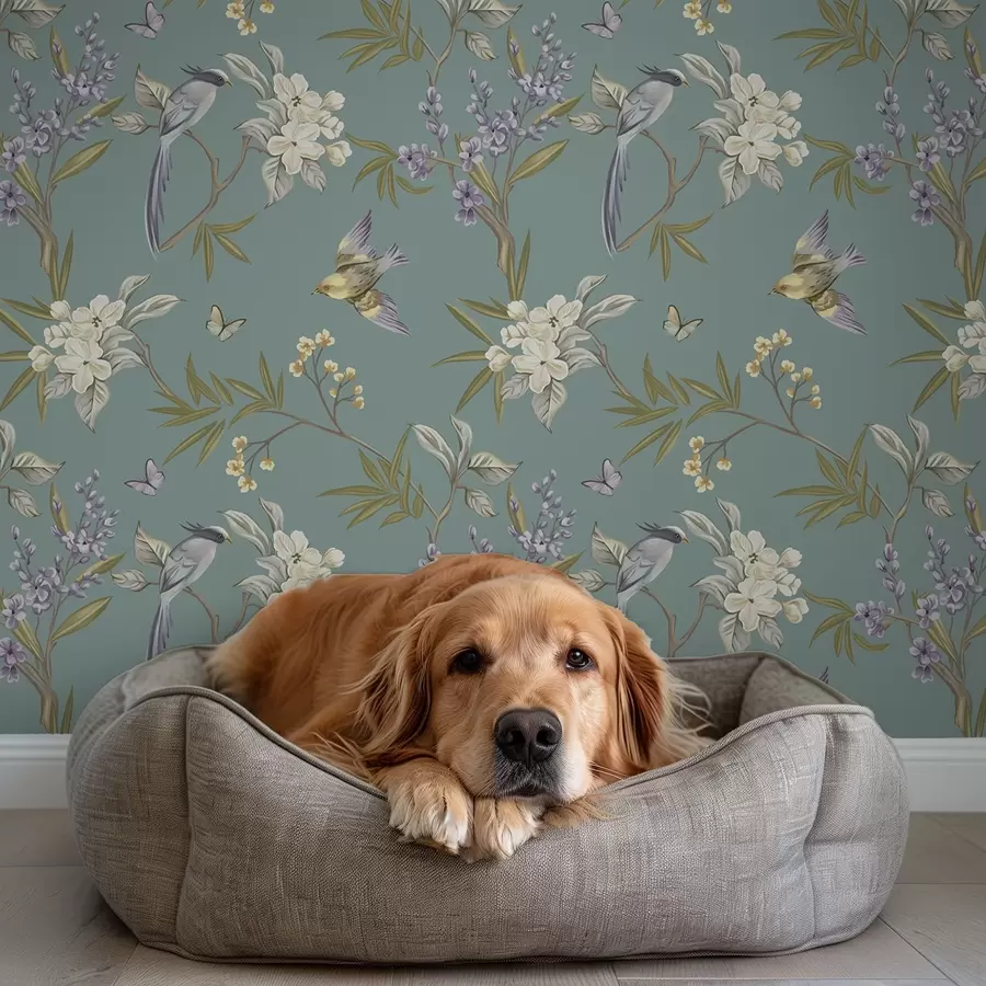 Murale Oiseaux, fleurs et papillons sur fond bleu-gris a00735