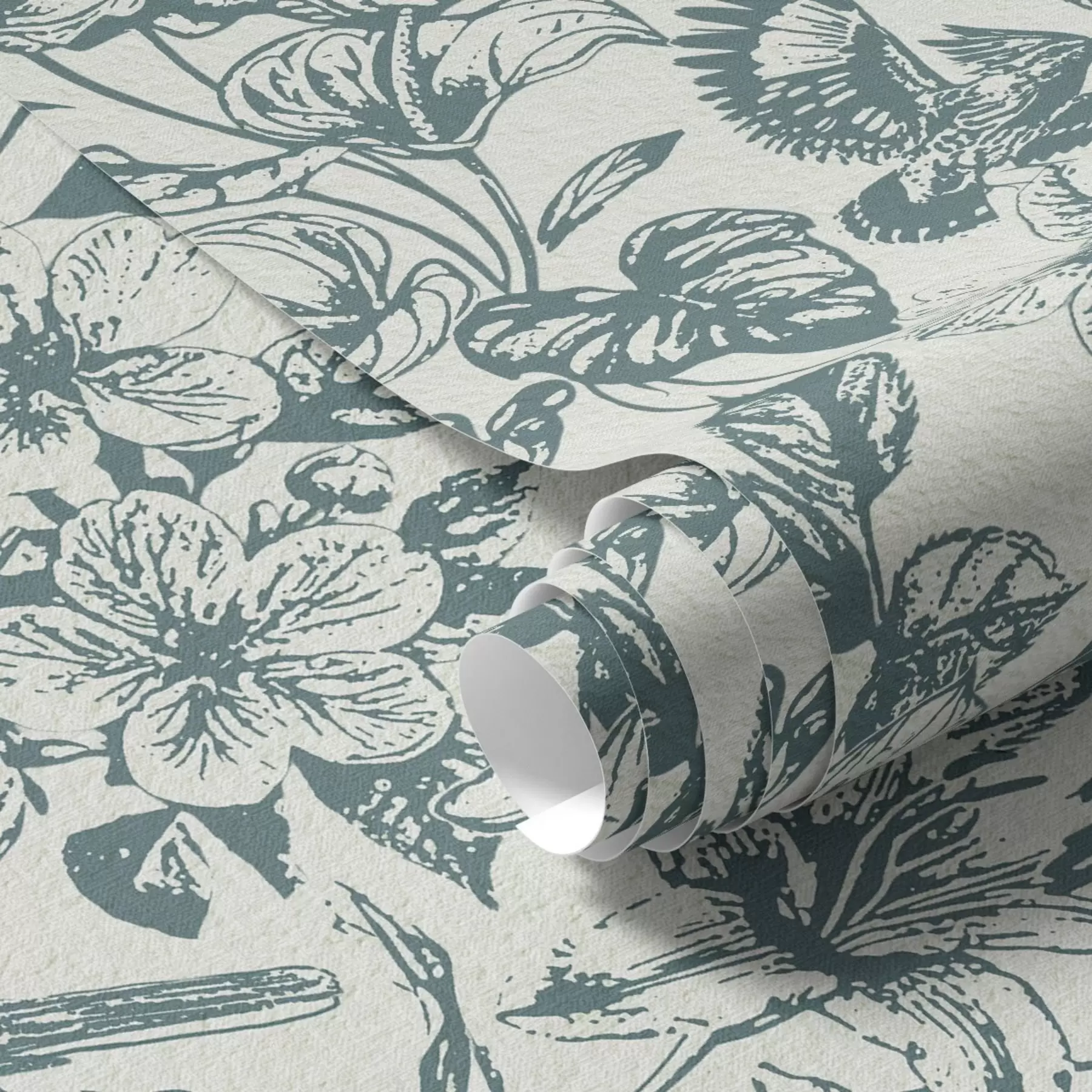 Fototapete Monochromes Blumenornament mit Vögeln a00737
