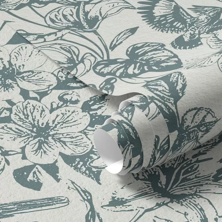 fototapeter Monokromt blomsterornament med fugle a00737