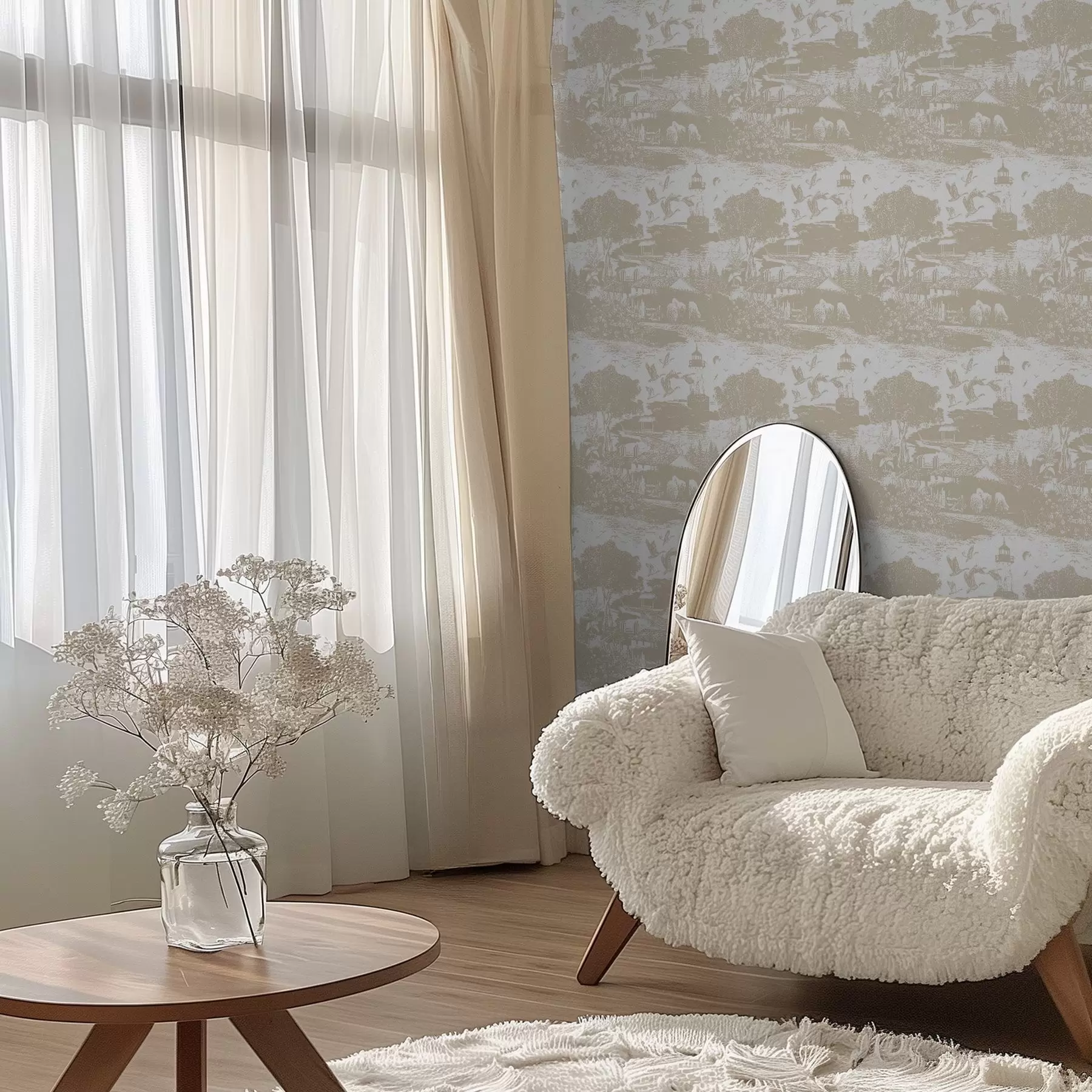 fototapeter Scene med fyrtårn, træer og huse i sienna a00739