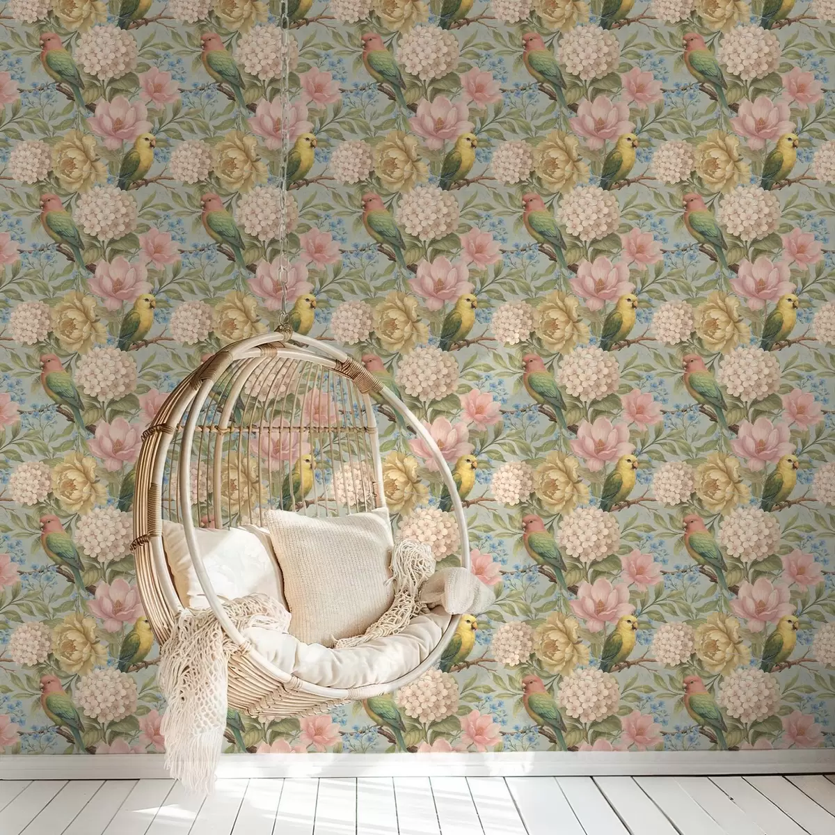 Baggrund Papegøjer blandt pæoner, hortensiaer og magnolier a00747