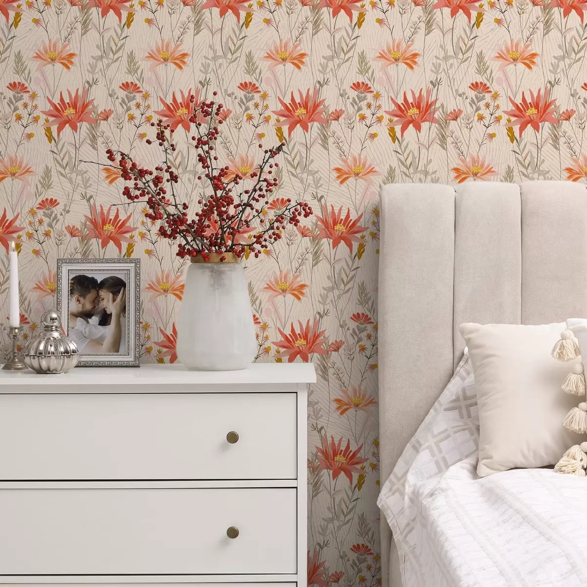 Papier peint Fleurs sauvages aux tons chauds sur fond beige a00751