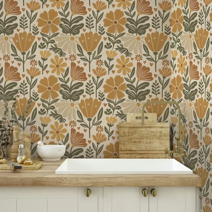 Fototapeter Stiliserede blomster i varme farver med hjerter a00752 køb DK - Uwalls.dk fototapeter Stiliserede blomster i varme farver med hjerter a00752